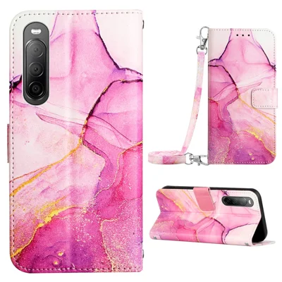 For Sony Xperia 10 V Leather Case with Shoulder Strap Marble Pattern Phone Stand Cover - Pink  /  Purple  /  Gold LS001