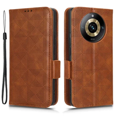 For Realme 11 Pro 5G / 11 Pro+ 5G Imprinted Triangle Phone Cover Stand Shell Dustproof PU Leather Wallet Case - Brown