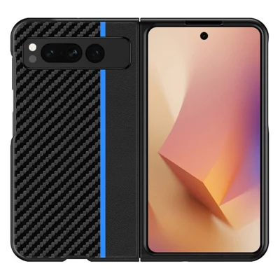 For Google Pixel Fold PU Leather + PC Phone Case Carbon Fiber Texture Ultra Thin Matte Cover - Splicing Blue