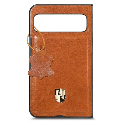 For Google Pixel Fold Cowhide Leather Coated PC Phone Case Shockproof Folding Cover - Brown