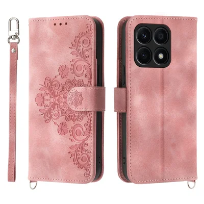 Shockproof Leather Cover for Honor X8a 4G Wallet Phone Case Imprinted Flower Skin-Touch Phone Shell with Strap - Pink