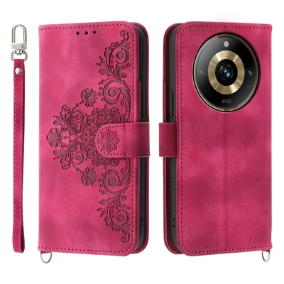 Protective Case for Realme 11 Pro 5G Imprinted Flower PU Leather Cover Skin-Touch Wallet Phone Shell with Strap - Wine Red