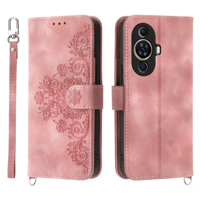 Phone Case for Huawei nova 11 / nova 12s 4G / nova 12 Lite 4G , Imprinted Flower Skin-Touch Feeling Leather Cover Wallet with Strap - Pink