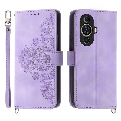 Handyhülle für Huawei nova 11 / nova 12s 4G / nova 12 Lite 4G, geprägtes Blumenmuster, lederartige Hülle mit Geldbörse und Strap - Helllila