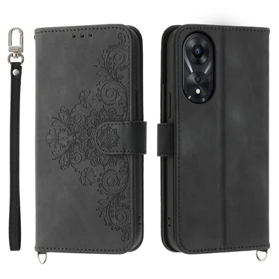 Custodia per telefono Skin-Touch per Oppo A78 5G in pelle PU Cover in pelle per telefono con motivo floreale e tracolla - Nero