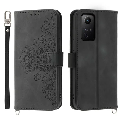 Shockproof Case for Xiaomi Redmi Note 12S 4G Flower Imprinted Leather Cover Skin-Touch Wallet Phone Case with Strap - Black