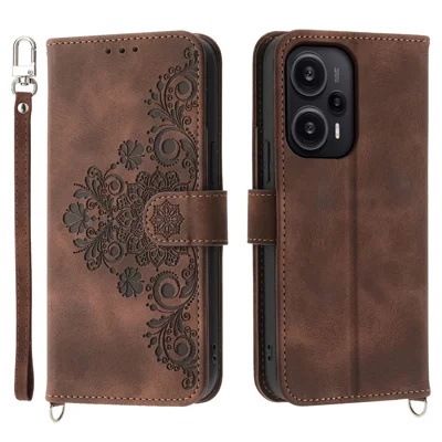 For Xiaomi Redmi Note 12 Turbo / Poco F5 5G Skin-Touch Phone Case Flower Imprinted Leather Flip Cover with Wallet, Strap - Brown