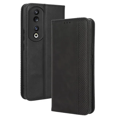 For Honor 90 Magnetic Stand Wallet Phone Cover PU Leather Retro Phone Shell Case - Black