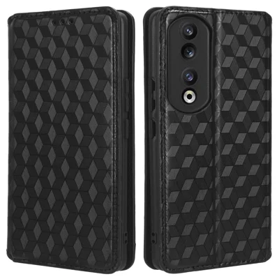 Funda de cuero PU antiarañazos para Honor 90 Pro, soporte, a prueba de golpes, con diseño grabado de rombo - Negro 