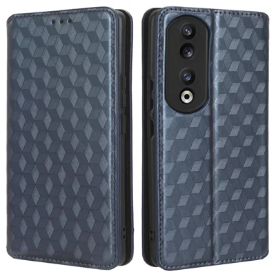 For Honor 90 Pro Anti-Scratch PU Leather Stand Case Shockproof Imprinted Rhombus Phone Cover - Azul