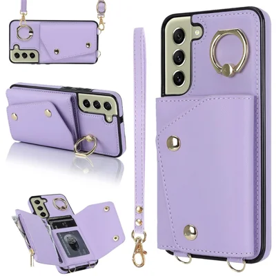 For Samsung Galaxy S21 FE 5G Zipper Wallet Crossbody Phone Case PU Leather Coated TPU Kickstand Cover - Purple