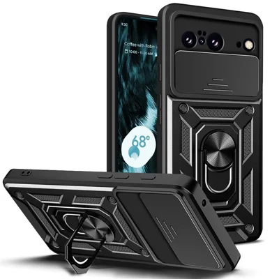 For Google Pixel 8 Camera Lens Slide Design Shockproof Phone Case PC+TPU Kickstand Cover - Black