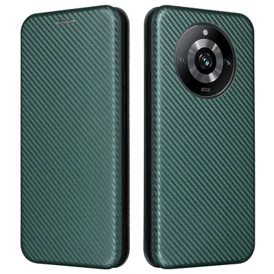 Leather Phone Case for Realme 11 Pro 5G / 11 Pro+ 5G Card Holder Carbon Fiber Texture Stand Cover - Green