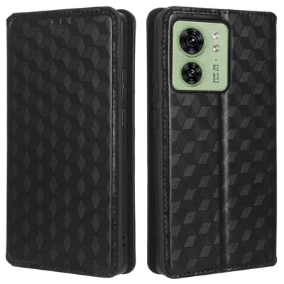 Funda para teléfono Motorola Edge 40 5G, diseño de rombo estampado en piel sintética con soporte, a prueba de caídas - Negro