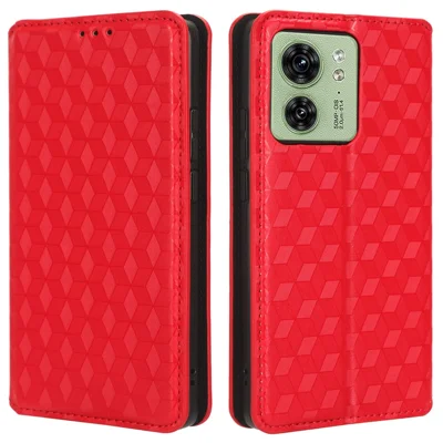 Voor Motorola Edge 40 5G Telefoonhoesje Ruitstructuur Hoesje van PU Leer Standfunctie Stootbestendig Geval - Rood