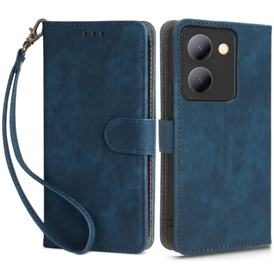 For vivo Y36 4G (Global) / Y36 5G (Global) / Y78 5G (China) / Y78m 5G / Y27 5G / Y27s 4G / Y77t 5G / Y78 5G RFID Blocking Wallet Case with Strap - Blue