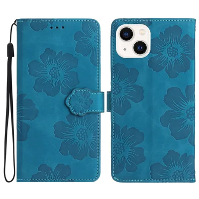 For iPhone 14 Cell Phone Case PU Leather Imprinted Flower Pattern Stand Wallet Cover with Strap - Blue