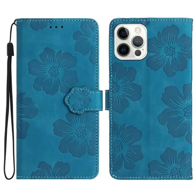 For iPhone 12 Pro 6.1 inch Flowers Imprinted PU Leather Phone Case Folding Stand Wallet Cover - Blue