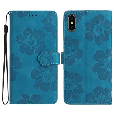 Für iPhone X / XS 5,8 Zoll Blumen-Imprägnierung Mobile Case PU-Leder-Geldbörse Anti-Drop Stand Cover - Blau