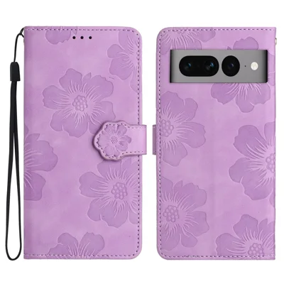 Phone Cover for Google Pixel 7 Pro 5G , Stand Imprinted Flower Pattern PU Leather Phone Case - Purple