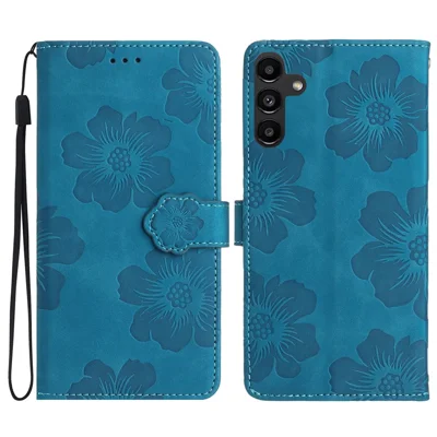 Für Samsung Galaxy A34 5G stoßfeste Handyhülle PU-Leder-Cover Geldbörse Eingeprägte Blumenmuster-Hülle - Blau