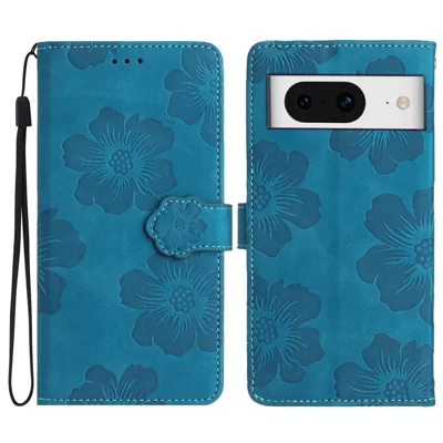 For Google Pixel 8 Flowers Imprint Leather Shell Flip Wallet Cover Phone Case with Stand - Blue