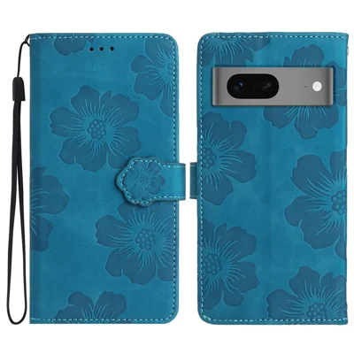 For Google Pixel 7 5G Flowers Imprint Leather Wallet Shell Flip Stand Protective Phone Case - Blue