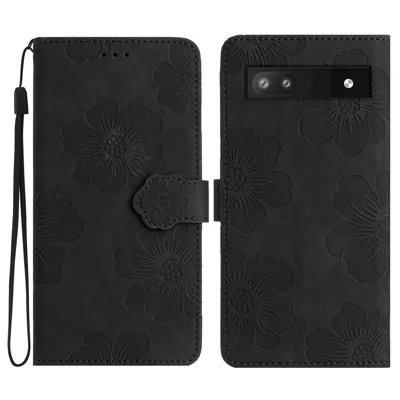 For Google Pixel 7a TPU+PU Leather Wallet Cover Stand Phone Shell Imprinted Flower Pattern Phone Case - Black