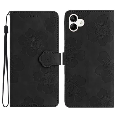 Für Samsung Galaxy A04e 4G / F04 4G / M04 4G Flowers Imprint Phone Case Leather Wallet Folding Stand Cover - Schwarz