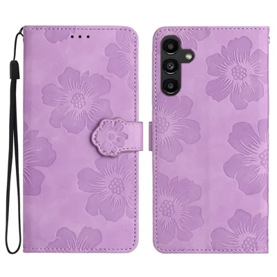 For Samsung Galaxy A14 5G Flowers Pattern Shockproof Phone Case PU Leather Wallet Cover with Stand - Purple