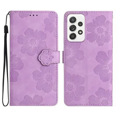 For Samsung Galaxy A72 4G / 5G Imprinted Flowers Phone Cover PU Leather Coated TPU Wallet Shell Case - Purple