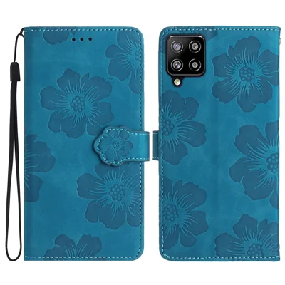 For Samsung Galaxy A22 4G (EU Version) Flowers Imprinted Wallet Cover PU Leather Folding Stand Phone Case - Blue
