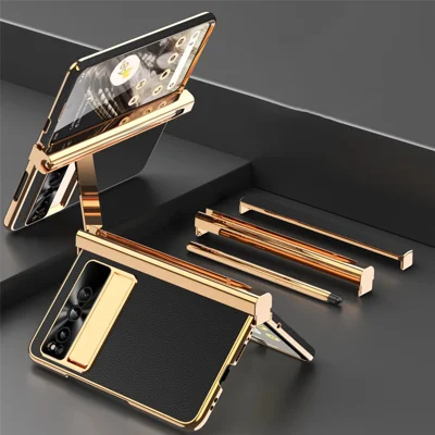 For Google Pixel Fold PU Leather+PC Phone Case Magnetic Double Hinge Kickstand Cover with Tempered Glass Screen Film+Stylus - Black