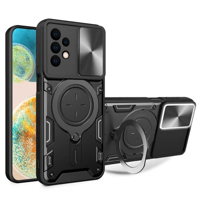 For Samsung Galaxy A23 4G / A23 5G (Global Version) Slide Camera Lid Drop-proof Case Rotating Kickstand PC+TPU Phone Cover - Black