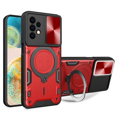 For Samsung Galaxy A23 4G / A23 5G (Global Version) Slide Camera Lid Drop-proof Case Rotating Kickstand PC+TPU Phone Cover - Red