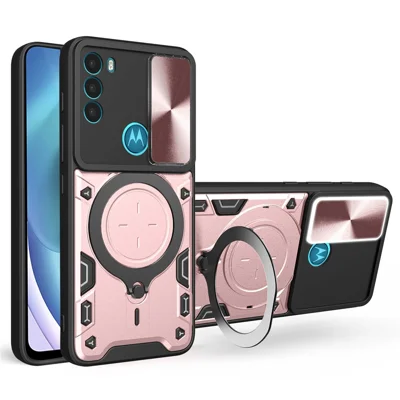 For Motorola Moto G71 5G Free Rotation Kickstand Phone Case Slide Camera Lid PC+TPU Back Cover - Pink