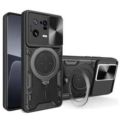 For Xiaomi 13 Pro 5G Phone Case Rotatable Kickstand PC+TPU Cover with Slide Camera Lid - Black