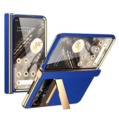 For Google Pixel Fold Litchi Texture Kickstand Phone Cover PU Leather+PC Magnetic Hinge Protection Case with Tempered Glass Screen Film - Dark Blue