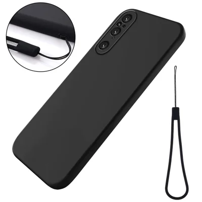 Para Sony Xperia 1 V Funda de teléfono de silicona líquida con forro suave Funda protectora antichoques con correa - Negro