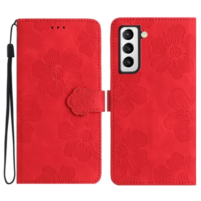 For Samsung Galaxy S22+ 5G Flowers Imprinted Leather Phone Case Stand Wallet Protective Cover - Red