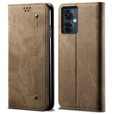 For OnePlus Nord CE 3 Lite 5G / Nord N30 5G / Oppo K11x 5G Leather Wallet Case Anti-scratch Jeans Cloth Texture Phone Stand Cover - Khaki