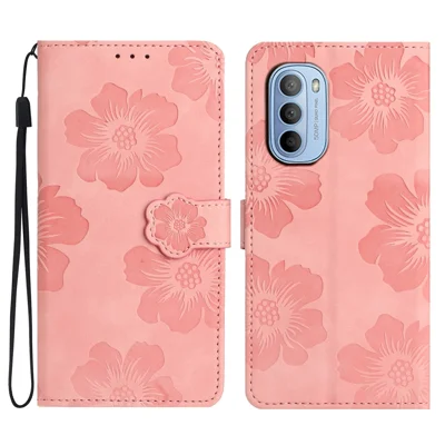 For Motorola Moto G52 4G / G82 5G Flip Stand Wallet Phone Case Flowers Imprint Leather Shell - Pink