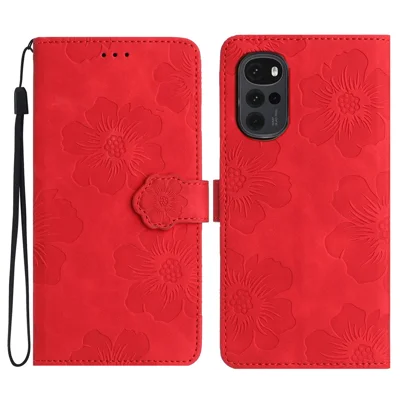 Capa de Telefone de Couro Estampada com Flores para Motorola Moto G22, Capa de Telefone Celular com Suporte - Vermelho