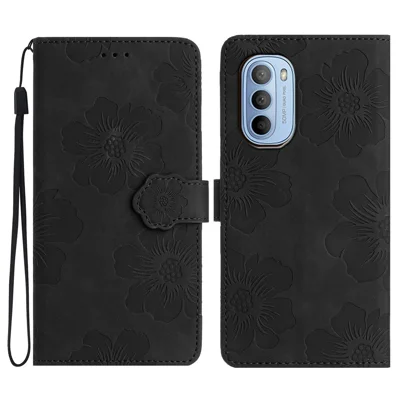 Flowers Imprinted Leather Case for Motorola Moto G62 5G , Stand Wallet Anti-drop Phone Cover - Black