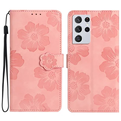 Cell Phone Cover Shell for Samsung Galaxy S21 Ultra 5G , Stand Flowers Imprinted PU Leather Wallet Case - Pink