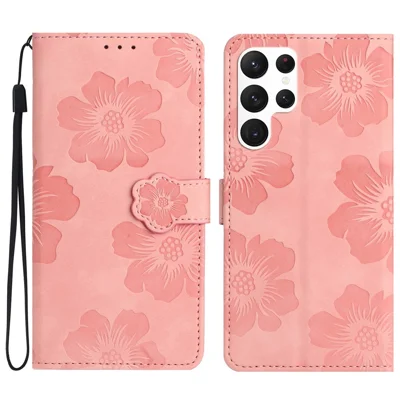 For Samsung Galaxy S22 Ultra 5G Smartphone Case Stand Flowers Imprinted PU Leather Wallet Phone Cover - Pink