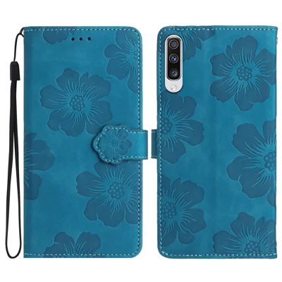 Для Samsung Galaxy A70 Flowers Imprinted Anti-fingerprint Stand Leather Case Wallet Phone Cover - Blue