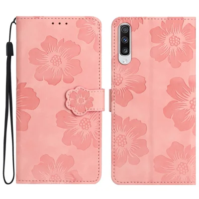 For Samsung Galaxy A70 Flowers Imprinted Anti-fingerprint Stand Leather Case Wallet Phone Cover - Pink