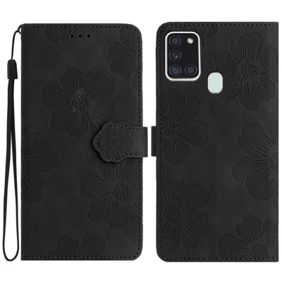 Para Samsung Galaxy A21s Flores Imprimir Carteira de Couro Capa Dobrável Stand Phone Cover - Preto