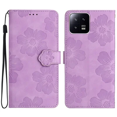 Voor Xiaomi 13 Pro 5G Bloemen Afdruk Standhoesje Lederen Portemonnee Stootvaste Telefoonschil - Paars